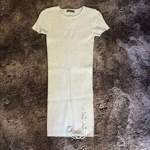 Bershka Grey Ribbed Knit Dress with Lace-Up Detail